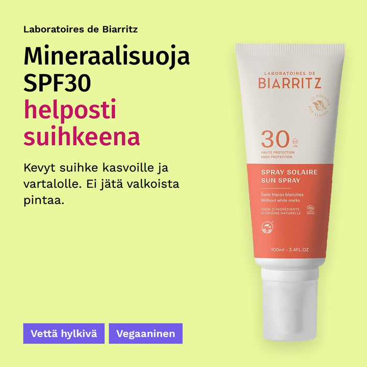 Laboratoires de Biarritz Aurinkovoidespray SPF30 100ml. Mineraalisuoja SPF30 helposti suihkeena. Kevyt suihke kasvoille ja vartalolle. Ei jätä valkoista pintaa. Vettä hylkivä. Vegaaninen.