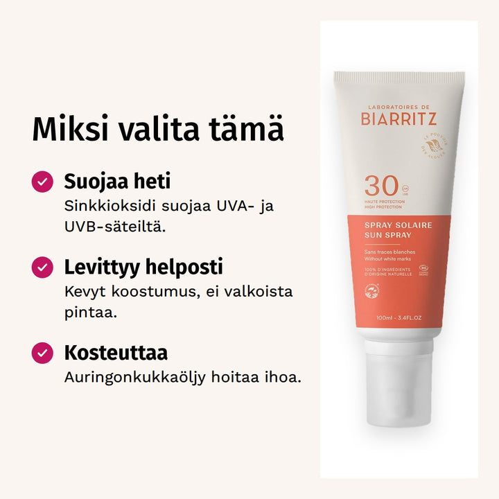 Laboratoires de Biarritz Aurinkovoidespray SPF30 100ml. Miksi valita tämä. Suojaa heti: Sinkkioksidi suojaa UVA- ja UVB-säteiltä. Levittyy helposti: Kevyt koostumus, ei valkoista pintaa. Kosteuttaa: Auringonkukkaöljy hoitaa ihoa.