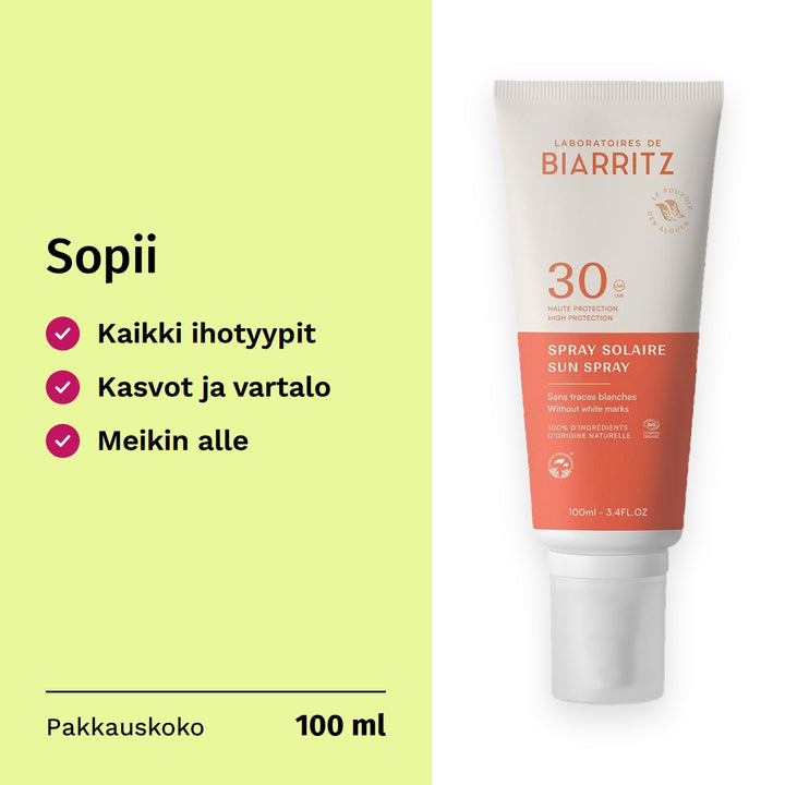 Laboratoires de Biarritz Aurinkovoidespray SPF30 100ml. Sopii: kaikki ihotyypit, kasvot ja vartalo, meikin alle. Pakkauskoko 100 ml.