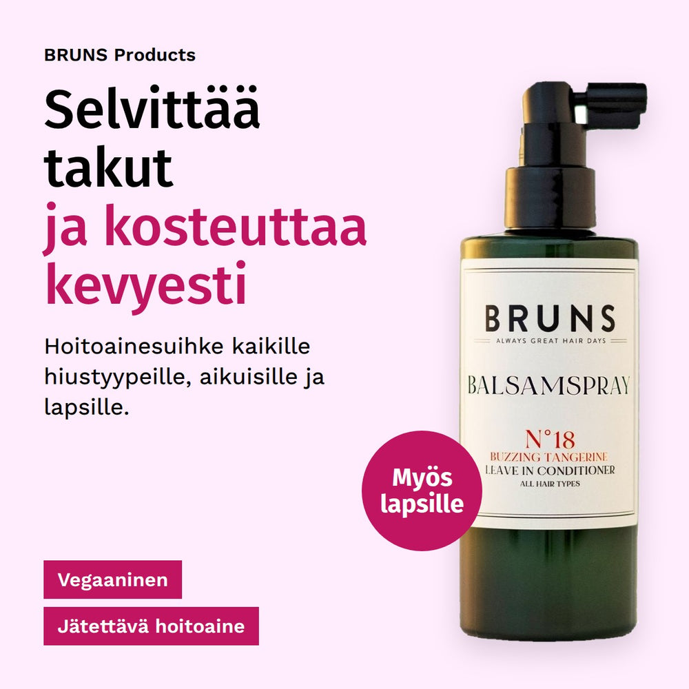 BRUNS Products Nr18 Exciting Tangerine Balsamspray 200ml. Selvittää takut ja kosteuttaa kevyesti. Hoitoainesuihke kaikille hiustyypeille, aikuisille ja lapsille. Vegaaninen. Jätettävä hoitoaine. Myös lapsille.