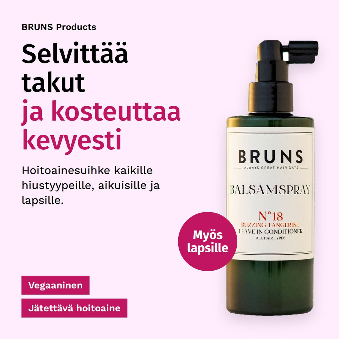 BRUNS Products Nr18 Exciting Tangerine Balsamspray 200ml. Selvittää takut ja kosteuttaa kevyesti. Hoitoainesuihke kaikille hiustyypeille, aikuisille ja lapsille. Vegaaninen. Jätettävä hoitoaine. Myös lapsille.
