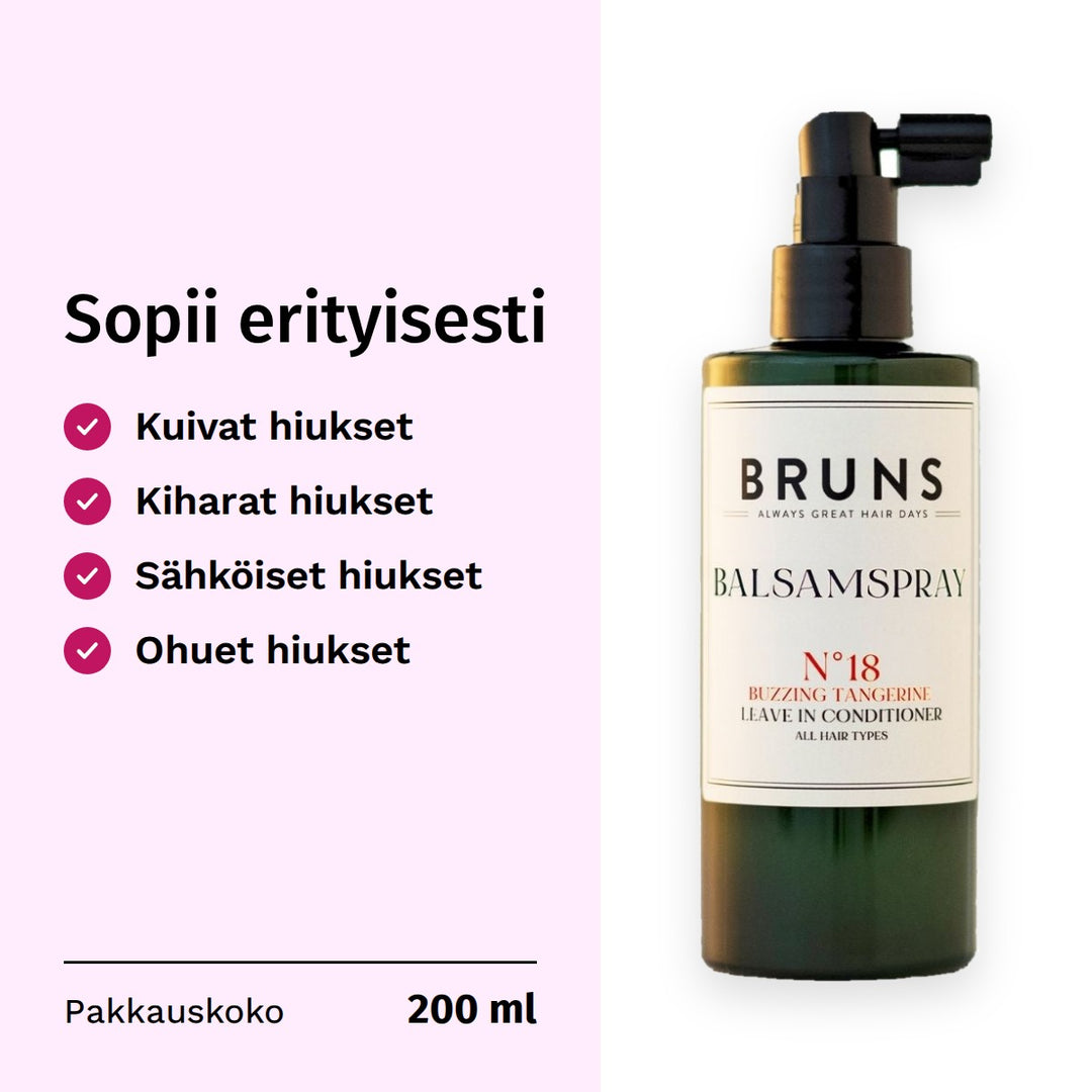 BRUNS Products Nr18 Exciting Tangerine Balsamspray 200ml. Sopii erityisesti: kuivat hiukset, kiharat hiukset, sähköiset hiukset, ohuet hiukset. Pakkauskoko 200 ml.