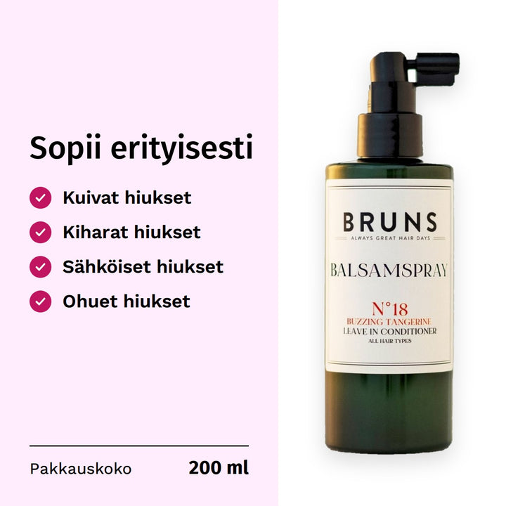 BRUNS Products Nr18 Exciting Tangerine Balsamspray 200ml. Sopii erityisesti: kuivat hiukset, kiharat hiukset, sähköiset hiukset, ohuet hiukset. Pakkauskoko 200 ml.