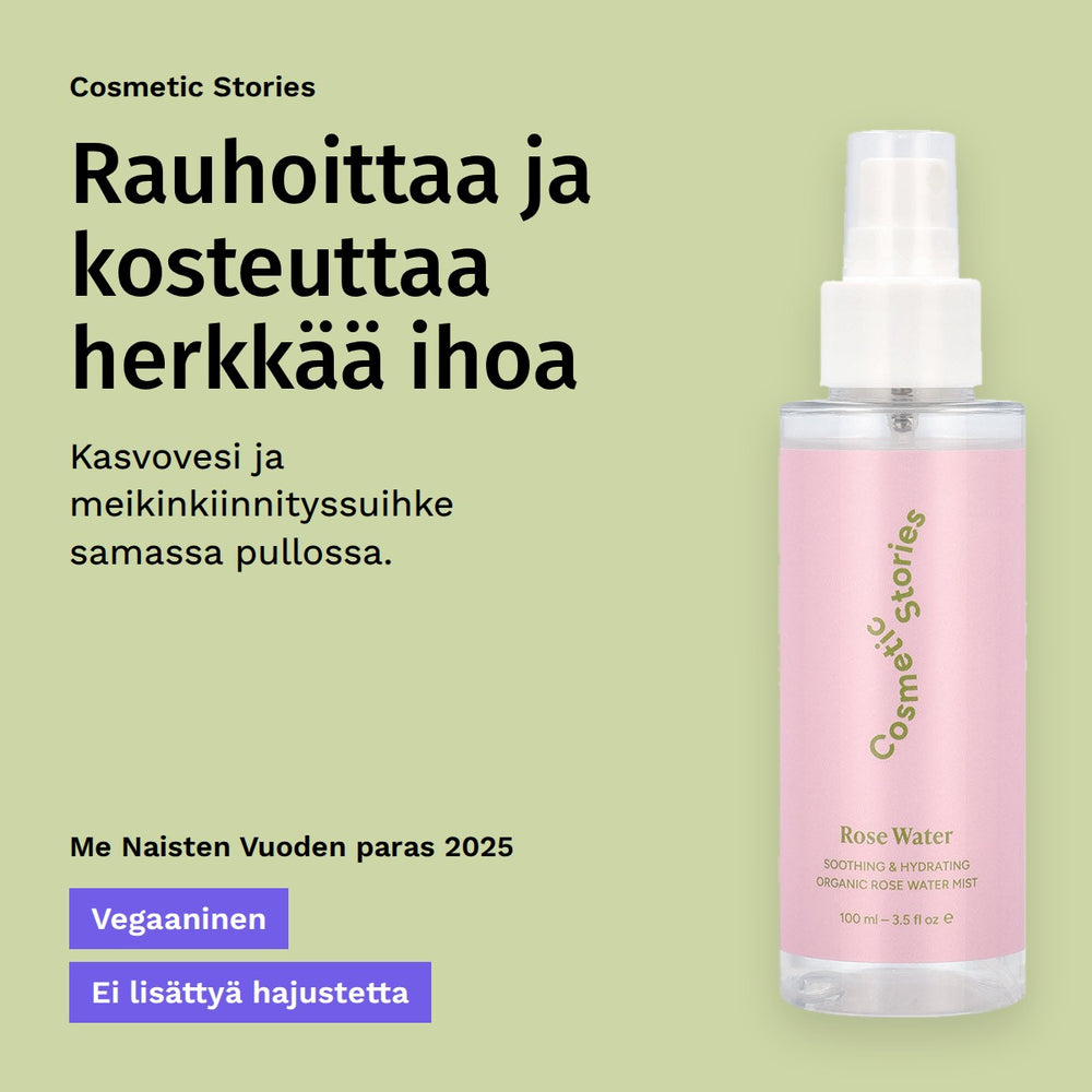 Cosmetic Stories Rose Floral Water Ruusuvesi 100ml. Rauhoittaa ja kosteuttaa herkkää ihoa. Kasvovesi ja meikinkiinnityssuihke samassa pullossa. Vegaaninen. Ei lisättyä hajustetta. Me Naisten Vuoden paras 2025.