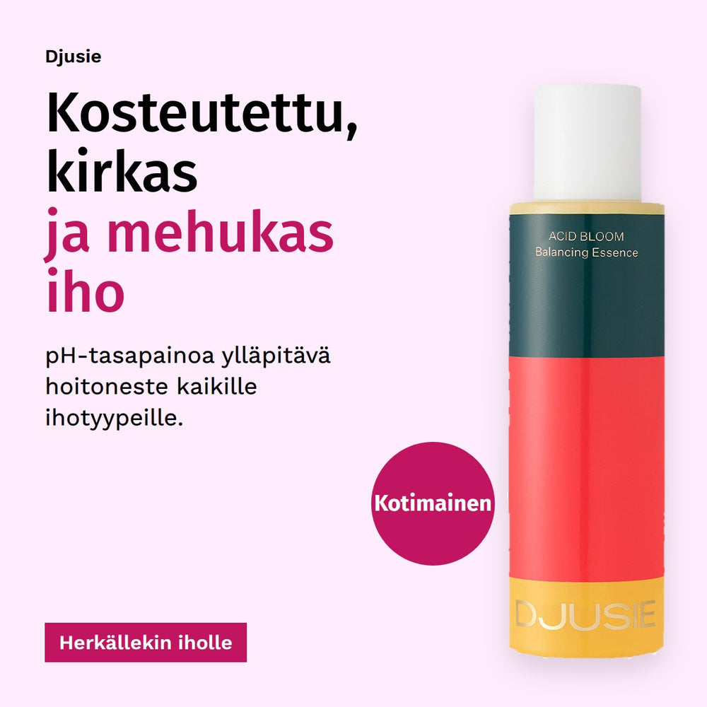Djusie Acid Bloom Balancing Essence Hoitoneste 100 ml. Kosteutettu, kirkas ja mehukas iho. pH-tasapainoa ylläpitävä hoitoneste kaikille ihotyypeille. Herkällekin iholle. Kotimainen.