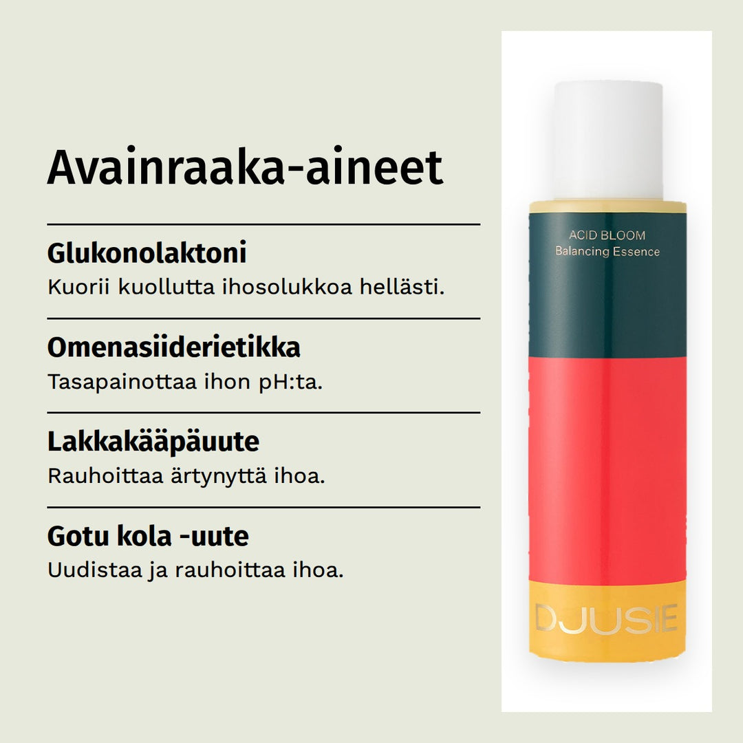 Djusie Acid Bloom Balancing Essence Hoitoneste 100 ml. Avainraaka-aineet. Glukonolaktoni: Kuorii kuollutta ihosolukkoa hellästi. Omenasiiderietikka: Tasapainottaa ihon pH:ta. Lakkakääpäuute: Rauhoittaa ärtynyttä ihoa. Gotu kola -uute: Uudistaa ja rauhoittaa ihoa.