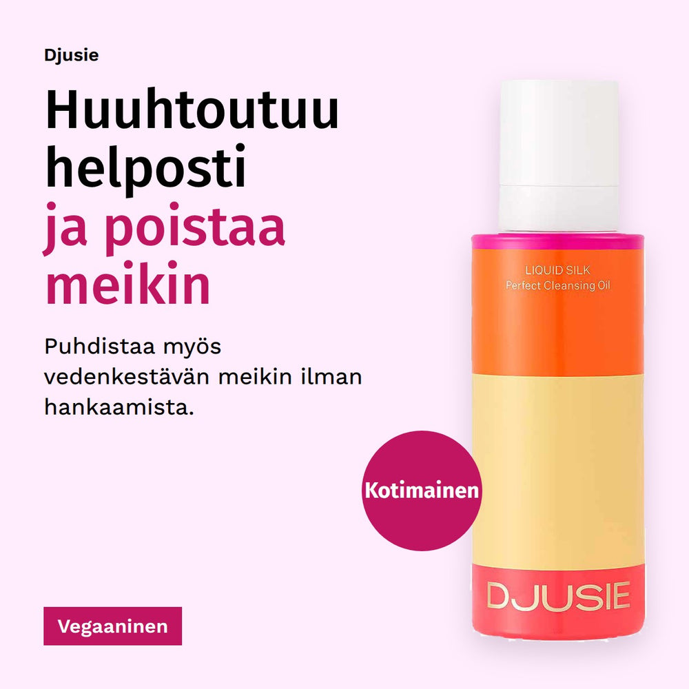 Djusie Liquid Silk Perfect Cleansing Oil Puhdistusöljy 100 ml. Huuhtoutuu helposti ja poistaa meikin. Puhdistaa myös vedenkestävän meikin ilman hankaamista. Vegaaninen. Kotimainen.