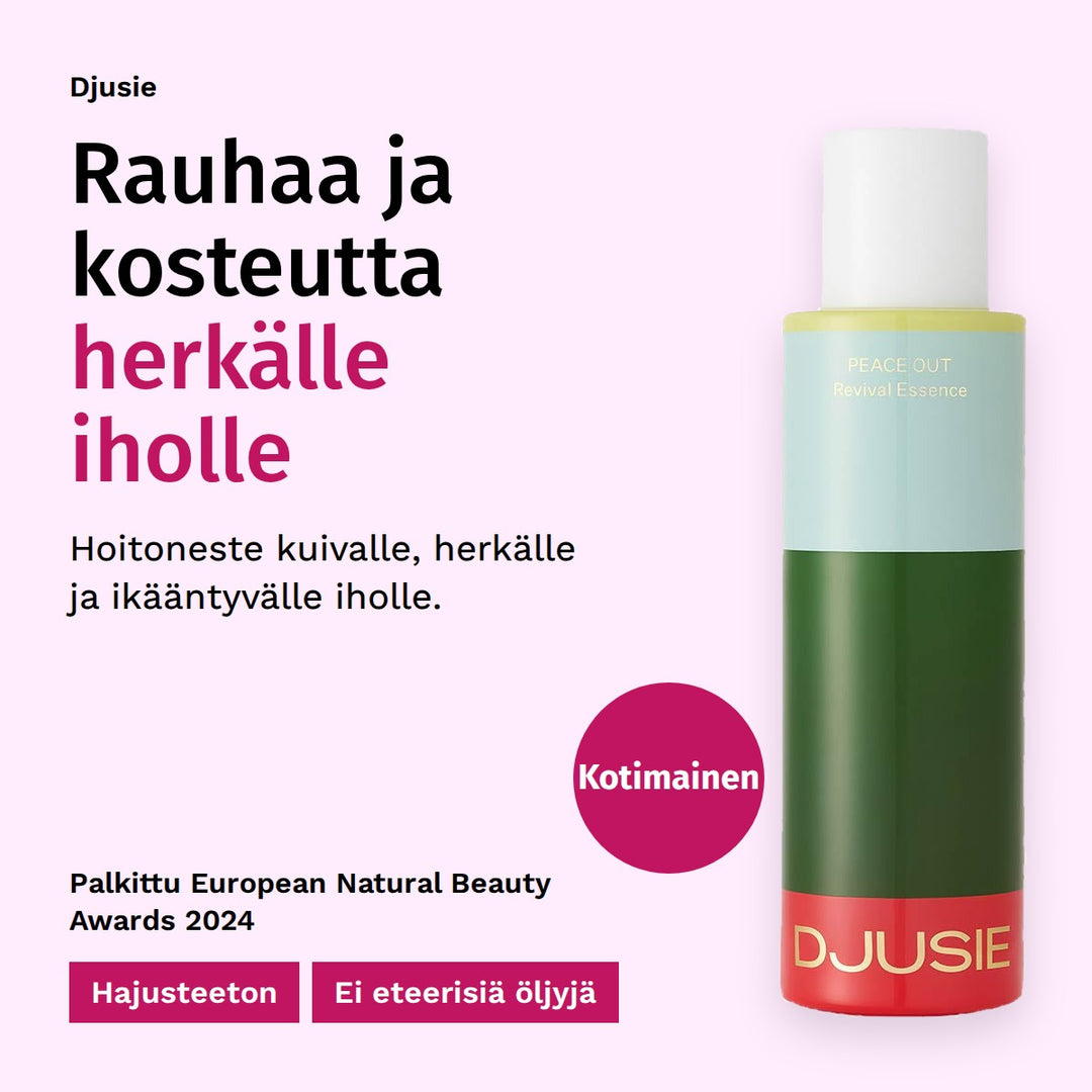 Djusie Peace Out Revival Essence Hoitoneste 100ml. Rauhaa ja kosteutta herkälle iholle. Hoitoneste kuivalle, herkälle ja ikääntyvälle iholle. Hajusteeton, ei eteerisiä öljyjä. Palkittu European Natural Beauty Awards 2024. Kotimainen.