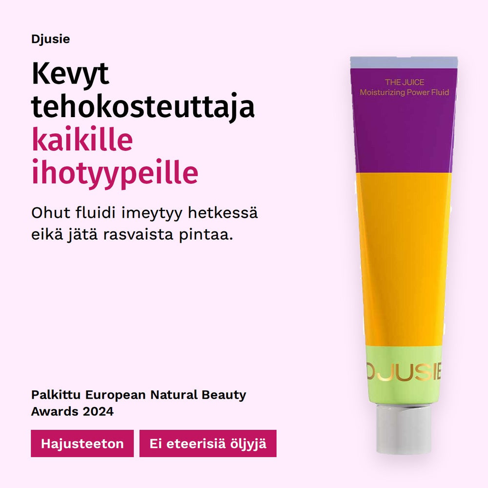 Djusie The Juice Moisturizing Power Fluid Kosteusvoide 50ml. Kevyt tehokosteuttaja kaikille ihotyypeille. Ohut fluidi imeytyy hetkessä eikä jätä rasvaista pintaa. Hajusteeton. Ei eteerisiä öljyjä. Palkittu European Natural Beauty Awards 2024.