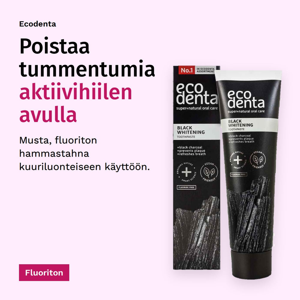 Ecodenta Black Whitening Hammastahna 100ml. Poistaa tummentumia aktiivihiilen avulla. Musta, fluoriton hammastahna kuuriluonteiseen käyttöön. Fluoriton.