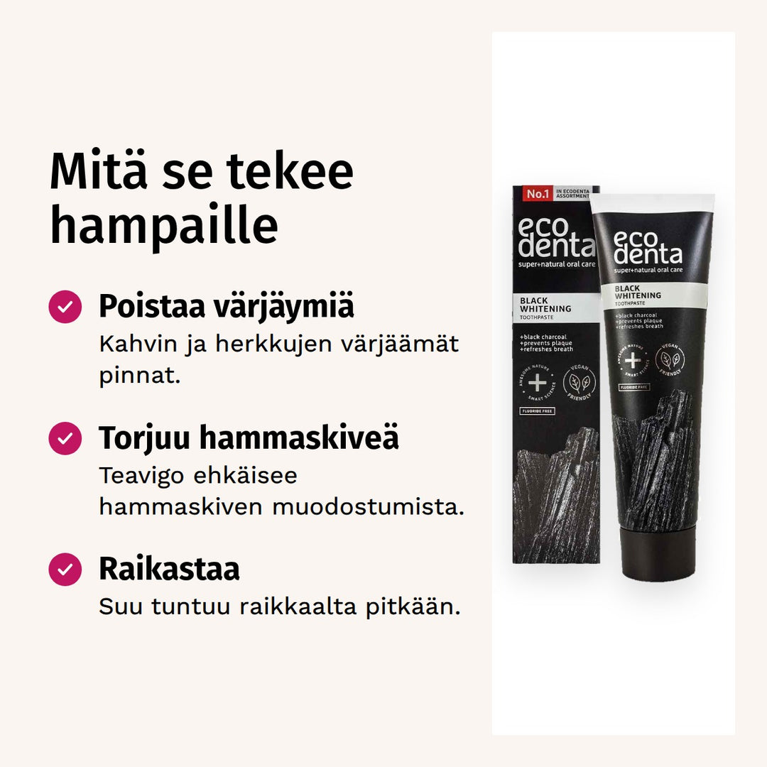 Ecodenta Black Whitening Hammastahna 100ml. Mitä se tekee hampaille. Poistaa värjäymiä: Kahvin ja herkkujen värjäämät pinnat. Torjuu hammaskiveä: Teavigo ehkäisee hammaskiven muodostumista. Raikastaa: Suu tuntuu raikkaalta pitkään.