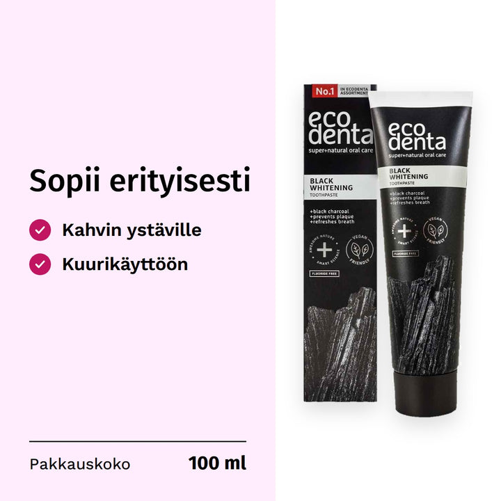 Ecodenta Black Whitening Hammastahna 100ml. Sopii erityisesti: kahvin ystäville, kuurikäyttöön. Pakkauskoko 100 ml.