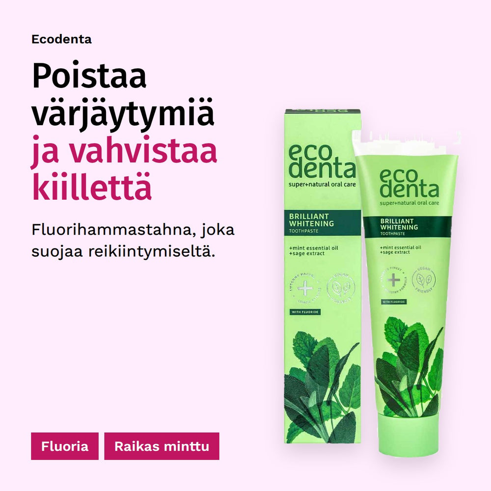 Ecodenta Brilliant Whitening Valkaiseva Fluorihammastahna 100ml. Poistaa värjäytymiä ja vahvistaa kiillettä. Fluorihammastahna, joka suojaa reikiintymiseltä. Fluoria. Raikas minttu.