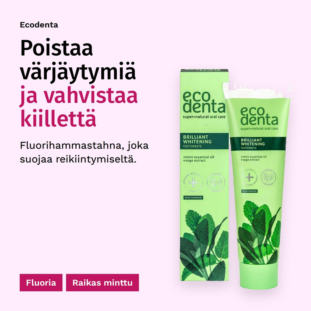 Ecodenta Brilliant Whitening Valkaiseva Fluorihammastahna 100ml. Poistaa värjäytymiä ja vahvistaa kiillettä. Fluorihammastahna, joka suojaa reikiintymiseltä. Fluoria. Raikas minttu.