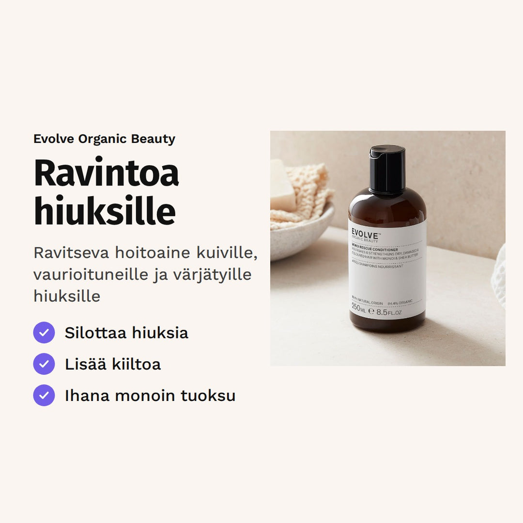 Evolve Monoi Rescue Conditioner 250 ml. Ravintoa hiuksille. Ravitseva hoitoaine kuiville, vaurioituneille ja värjätyille hiuksille. Kuvassa hoitoainepullo kylpyhuoneen tasolla.