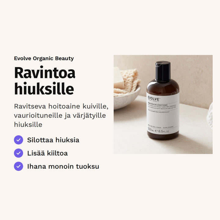 Evolve Monoi Rescue Conditioner 250 ml. Ravintoa hiuksille. Ravitseva hoitoaine kuiville, vaurioituneille ja värjätyille hiuksille. Kuvassa hoitoainepullo kylpyhuoneen tasolla.