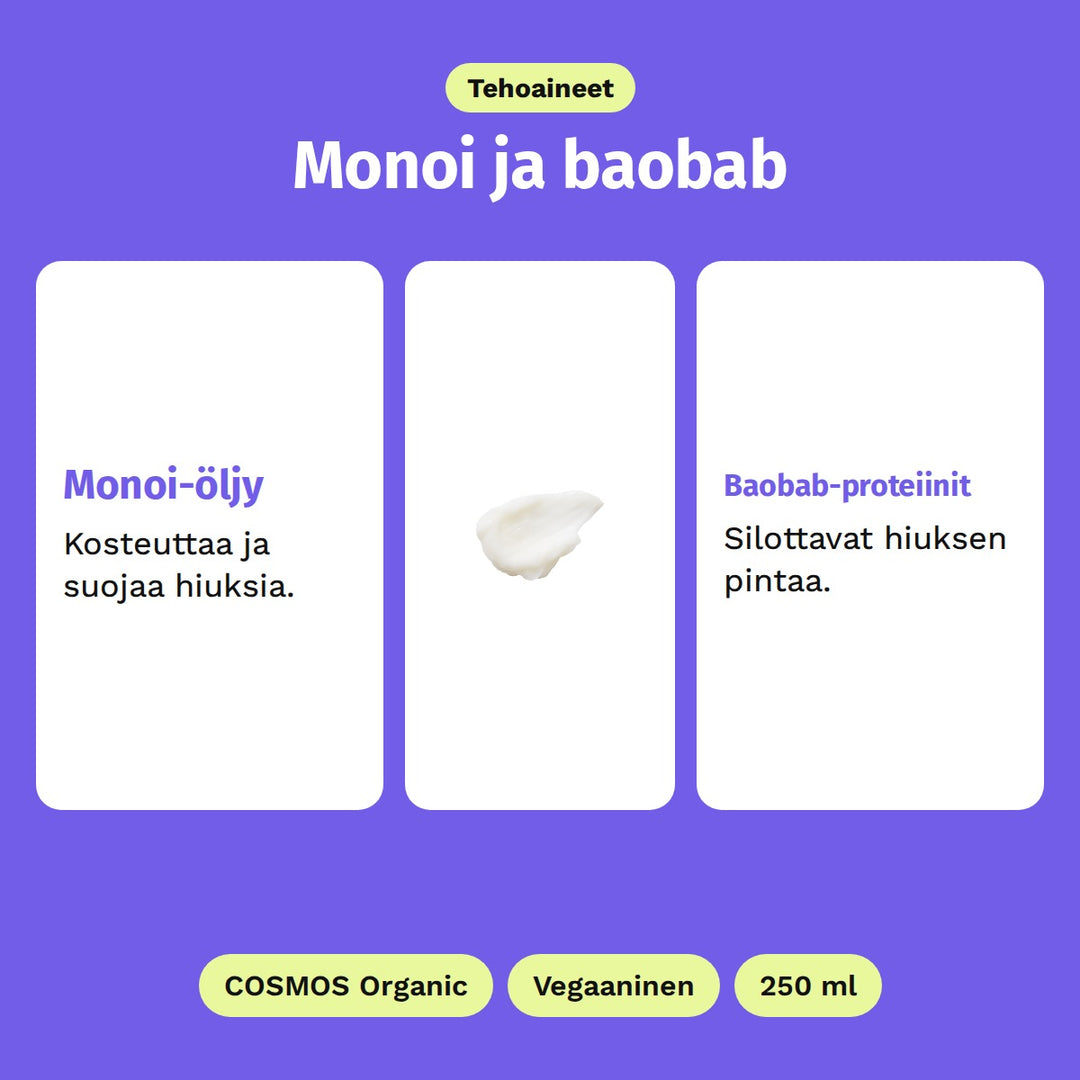 Evolve Monoi Rescue Conditioner 250 ml, tehoaineet: Monoi-öljy ja Baobab-proteiinit. COSMOS Organic, Vegaaninen ja 250 ml.
