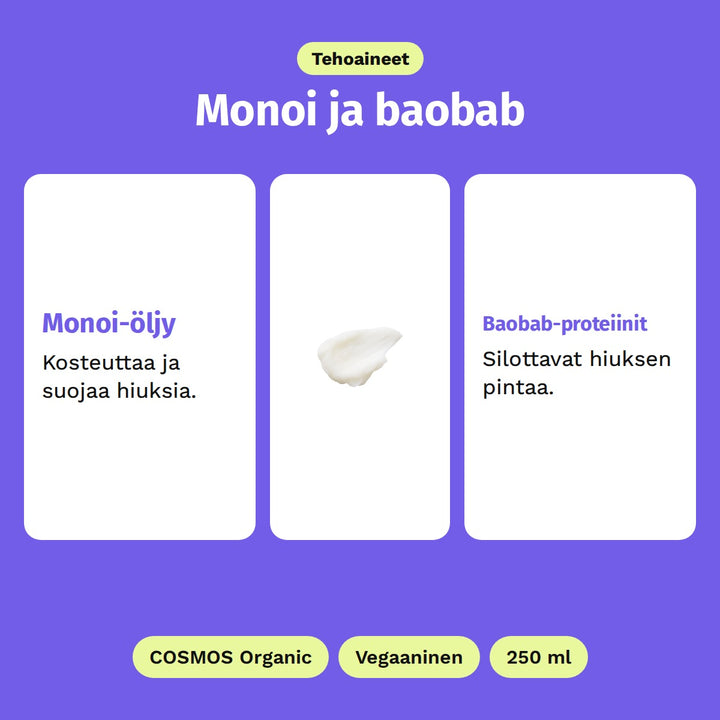 Evolve Monoi Rescue Conditioner 250 ml, tehoaineet: Monoi-öljy ja Baobab-proteiinit. COSMOS Organic, Vegaaninen ja 250 ml.