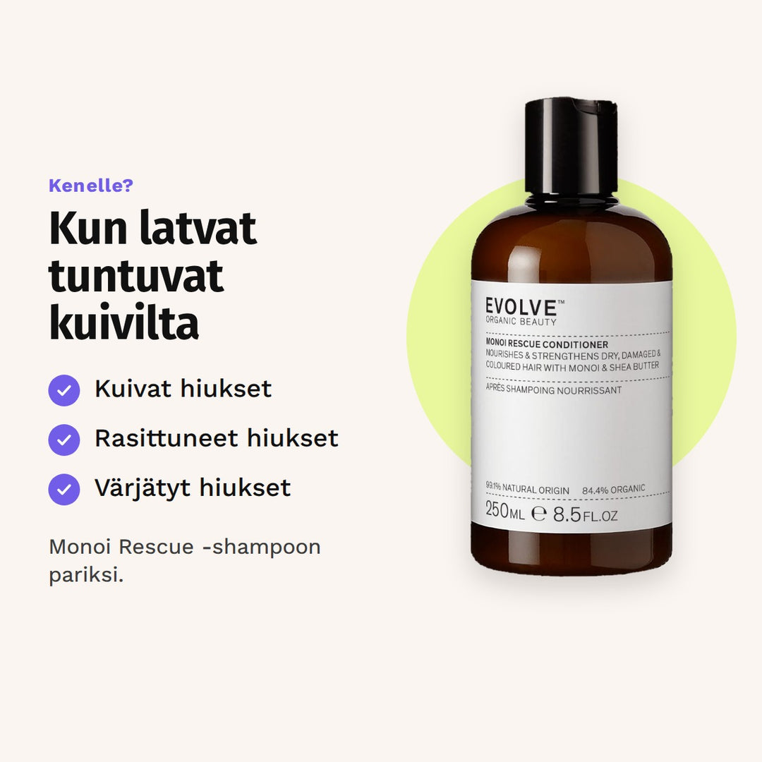 Evolve Monoi Rescue Conditioner 250 ml sopii: kuivat hiukset, rasittuneet hiukset ja värjätyt hiukset.