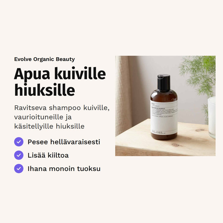 Evolve Monoi Rescue Shampoo 250 ml. Apua kuiville hiuksille. Ravitseva shampoo kuiville, vaurioituneille ja käsitellyille hiuksille. Kuvassa shampoopullo kylpyhuoneen tasolla.