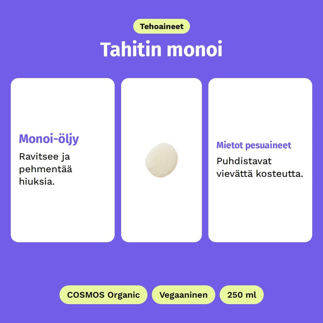 Evolve Monoi Rescue Shampoo 250 ml, tehoaineet: Monoi-öljy ja Mietot pesuaineet. COSMOS Organic, Vegaaninen ja 250 ml.