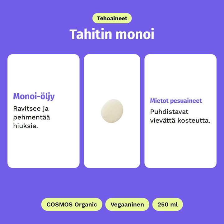 Evolve Monoi Rescue Shampoo 250 ml, tehoaineet: Monoi-öljy ja Mietot pesuaineet. COSMOS Organic, Vegaaninen ja 250 ml.
