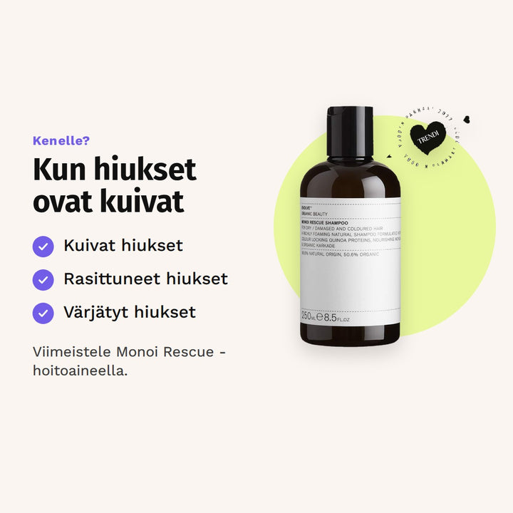 Evolve Monoi Rescue Shampoo 250 ml sopii: kuivat hiukset, rasittuneet hiukset ja värjätyt hiukset.
