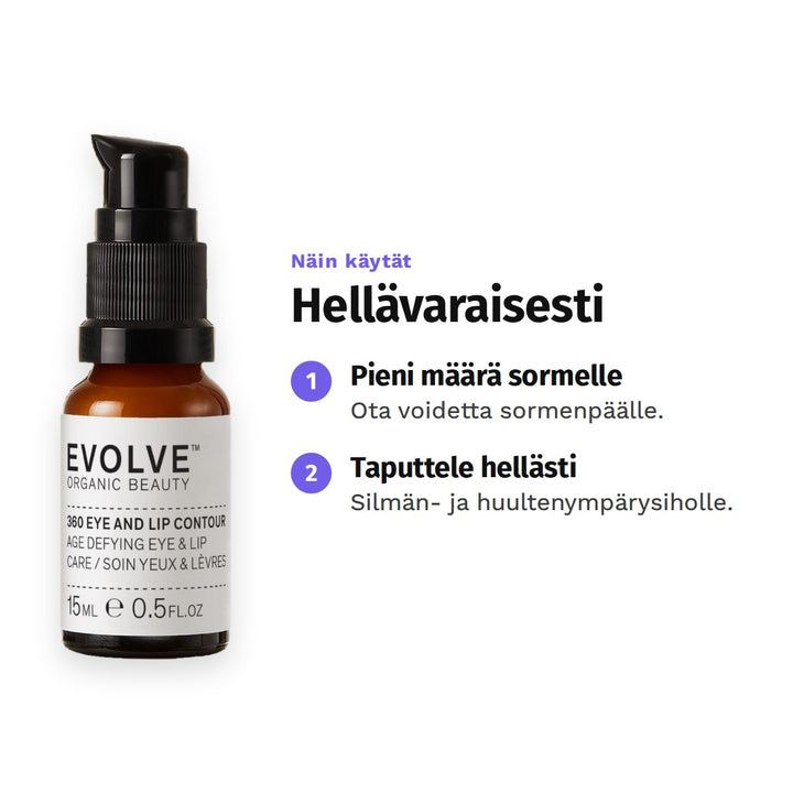 Evolve 360 Eye &amp; Lip Contour 15 ml, käyttö: 1. Pieni määrä sormelle: Ota voidetta sormenpäälle. 2. Taputtele hellästi: Silmän- ja huultenympärysiholle.