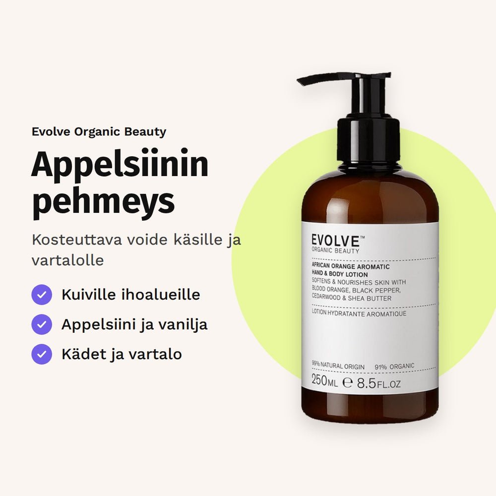 Evolve African Orange Aromatic Lotion 250 ml. Appelsiinin pehmeys. Kosteuttava voide käsille ja vartalolle.