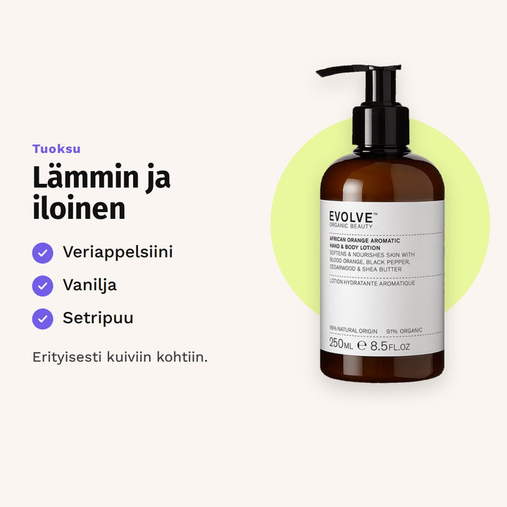 Evolve African Orange Aromatic Lotion 250 ml tuoksu: veriappelsiini, vanilja ja setripuu.