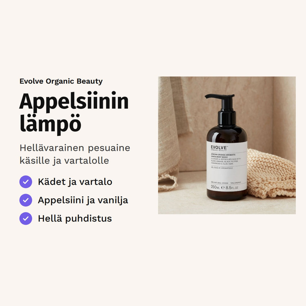 Evolve African Orange Aromatic Wash 250 ml. Appelsiinin lämpö. Hellävarainen pesuaine käsille ja vartalolle. Kuvassa pumppupullo kylpyhuoneessa.