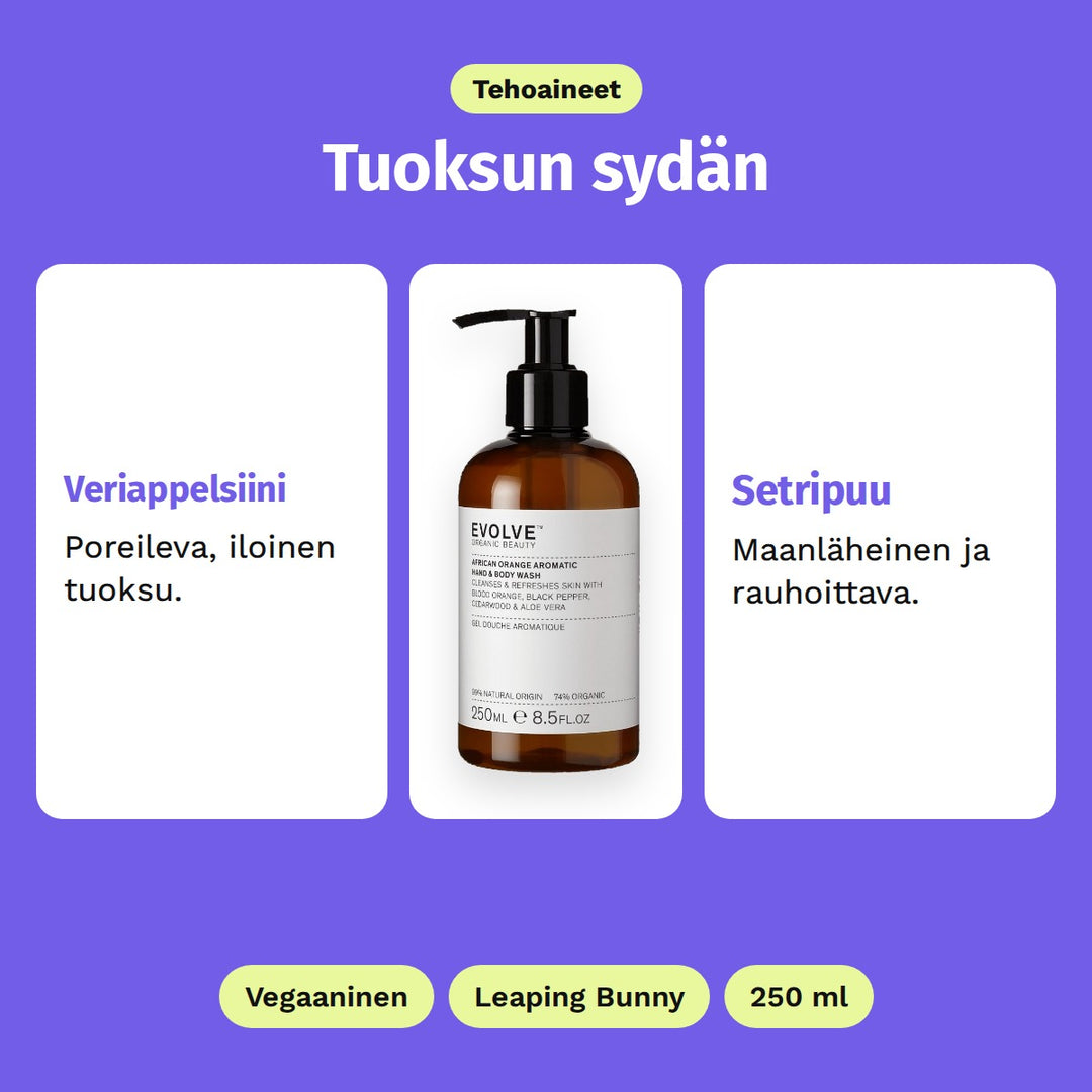 Evolve African Orange Aromatic Wash 250 ml, tehoaineet: Veriappelsiini ja Setripuu. Vegaaninen, Leaping Bunny ja 250 ml.