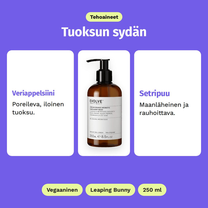 Evolve African Orange Aromatic Wash 250 ml, tehoaineet: Veriappelsiini ja Setripuu. Vegaaninen, Leaping Bunny ja 250 ml.