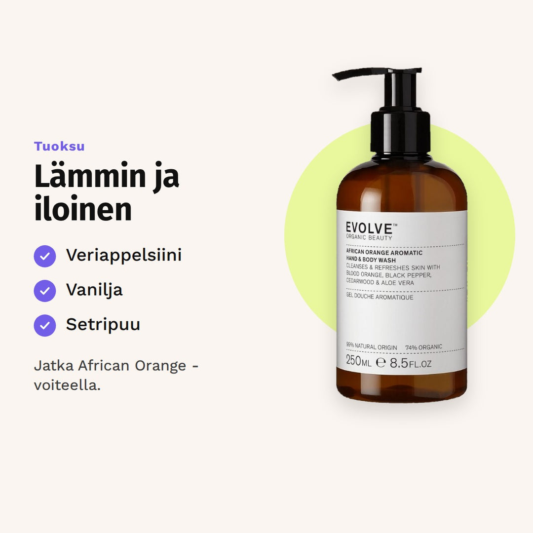 Evolve African Orange Aromatic Wash 250 ml tuoksu: veriappelsiini, vanilja ja setripuu.