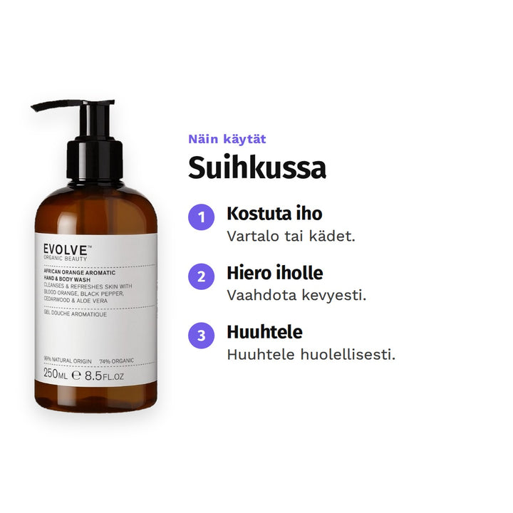 Evolve African Orange Aromatic Wash 250 ml, käyttö: 1. Kostuta iho: Vartalo tai kädet. 2. Hiero iholle: Vaahdota kevyesti. 3. Huuhtele: Huuhtele huolellisesti.