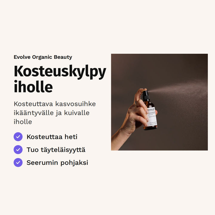 Evolve Age Defying Mist -kasvosuihke 100 ml. Kosteuskylpy iholle. Kosteuttava kasvosuihke ikääntyvälle ja kuivalle iholle. Kuvassa kasvosuihketta suihkautetaan.