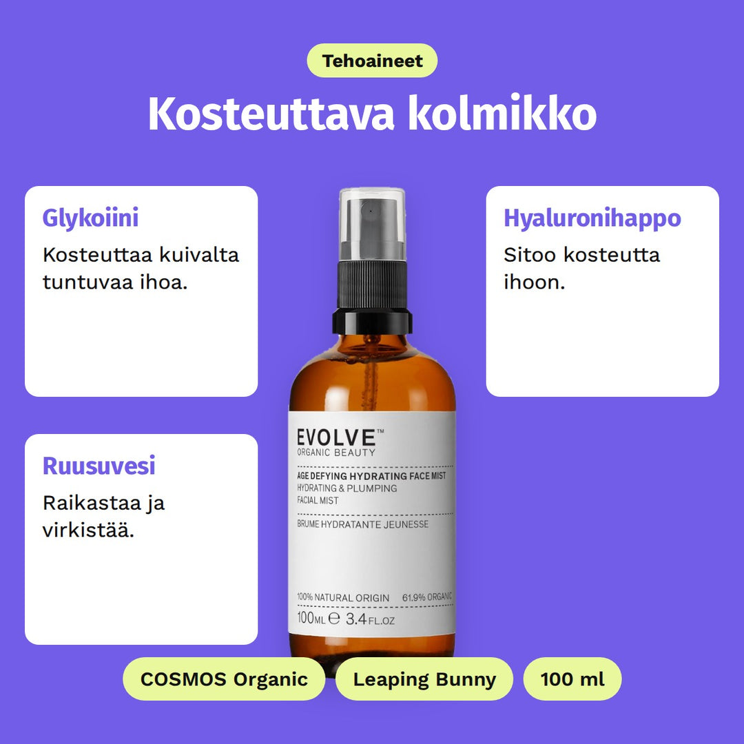 Evolve Age Defying Mist -kasvosuihke 100 ml, tehoaineet: Glykoiini, Hyaluronihappo ja Ruusuvesi. COSMOS Organic, Leaping Bunny ja 100 ml.