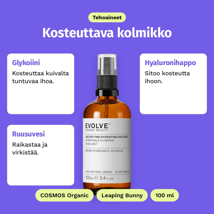 Evolve Age Defying Mist -kasvosuihke 100 ml, tehoaineet: Glykoiini, Hyaluronihappo ja Ruusuvesi. COSMOS Organic, Leaping Bunny ja 100 ml.