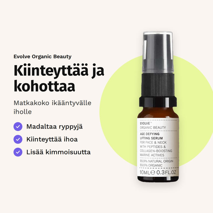 Evolve Age Defying Lifting Serum 10 ml. Kiinteyttää ja kohottaa. Matkakoko ikääntyvälle iholle.