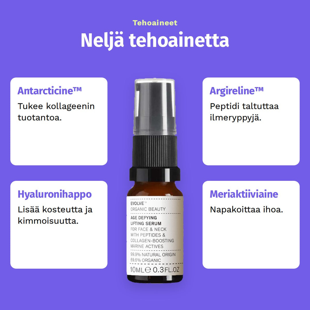 Evolve Organic Beauty Age Defying Lifting Serum 10ml matkakoko. Tehoaineet: Neljä tehoainetta. Antarcticine™: Tukee kollageenin tuotantoa. Argireline™: Peptidi taltuttaa ilmeryppyjä. Hyaluronihappo: Lisää kosteutta ja kimmoisuutta. Meriaktiiviaine: Napakoittaa ihoa.