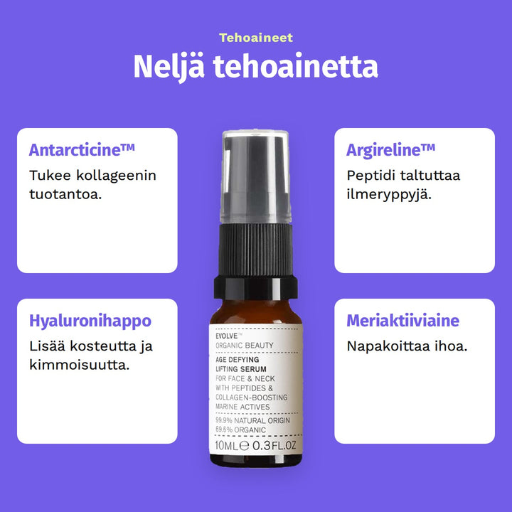 Evolve Organic Beauty Age Defying Lifting Serum 10ml matkakoko. Tehoaineet: Neljä tehoainetta. Antarcticine™: Tukee kollageenin tuotantoa. Argireline™: Peptidi taltuttaa ilmeryppyjä. Hyaluronihappo: Lisää kosteutta ja kimmoisuutta. Meriaktiiviaine: Napakoittaa ihoa.