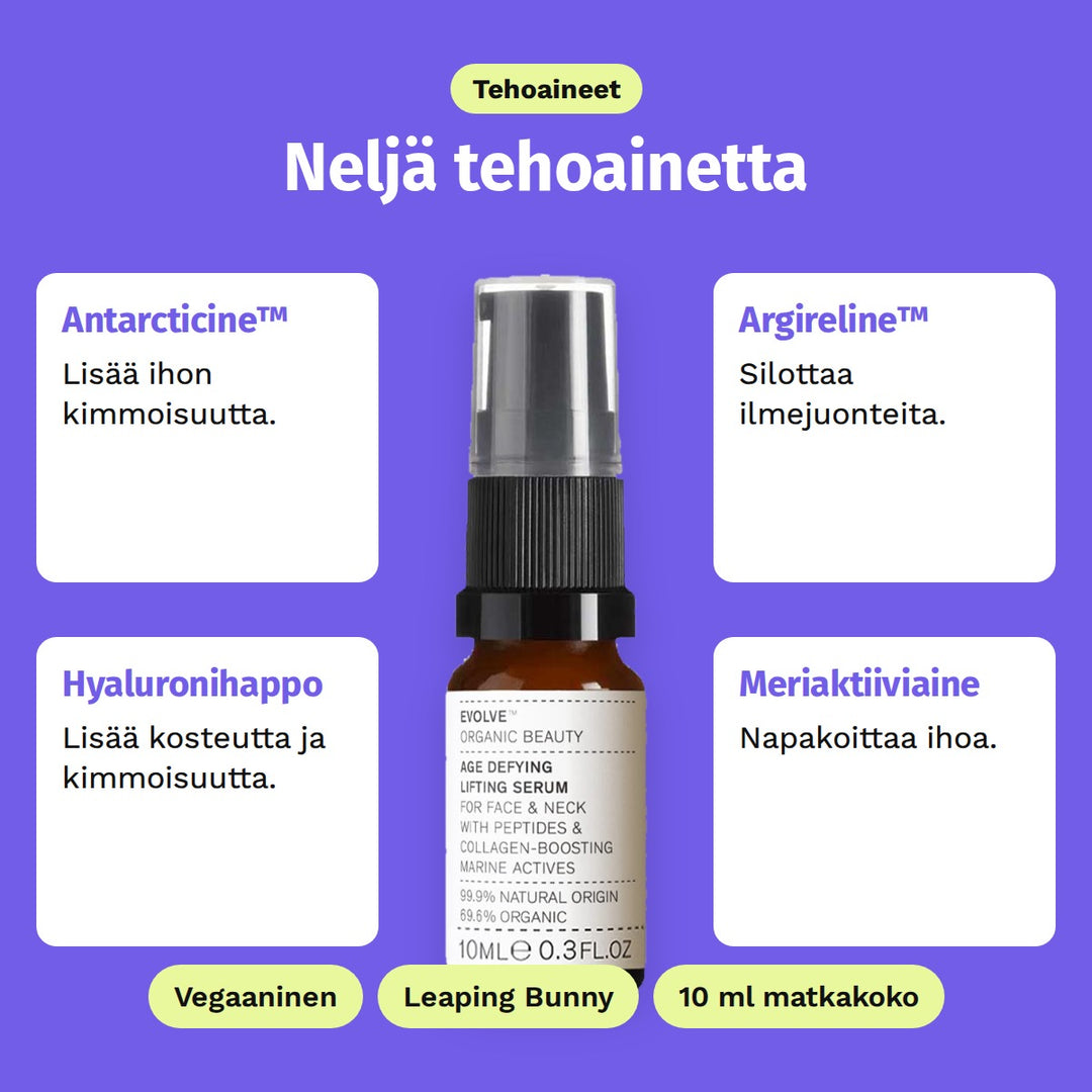 Evolve Age Defying Lifting Serum 10 ml, tehoaineet: Antarcticine™, Argireline™, Hyaluronihappo ja Meriaktiiviaine. Vegaaninen, Leaping Bunny ja 10 ml matkakoko.