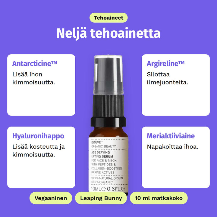 Evolve Age Defying Lifting Serum 10 ml, tehoaineet: Antarcticine™, Argireline™, Hyaluronihappo ja Meriaktiiviaine. Vegaaninen, Leaping Bunny ja 10 ml matkakoko.