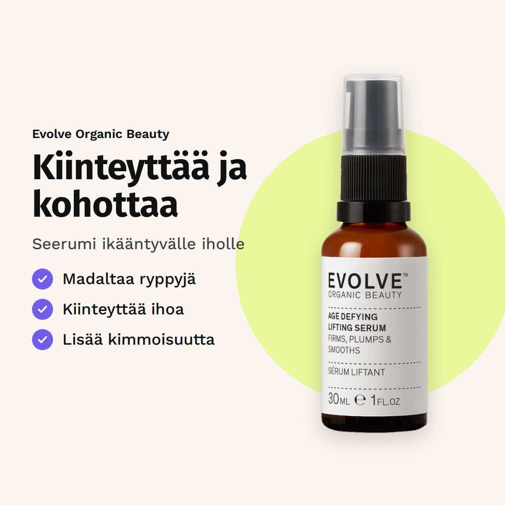Evolve Organic Beauty Age Defying Lifting Serum 30ml. Kiinteyttää ja kohottaa. Seerumi ikääntyvälle iholle. Madaltaa ryppyjä. Kiinteyttää ihoa. Lisää kimmoisuutta.