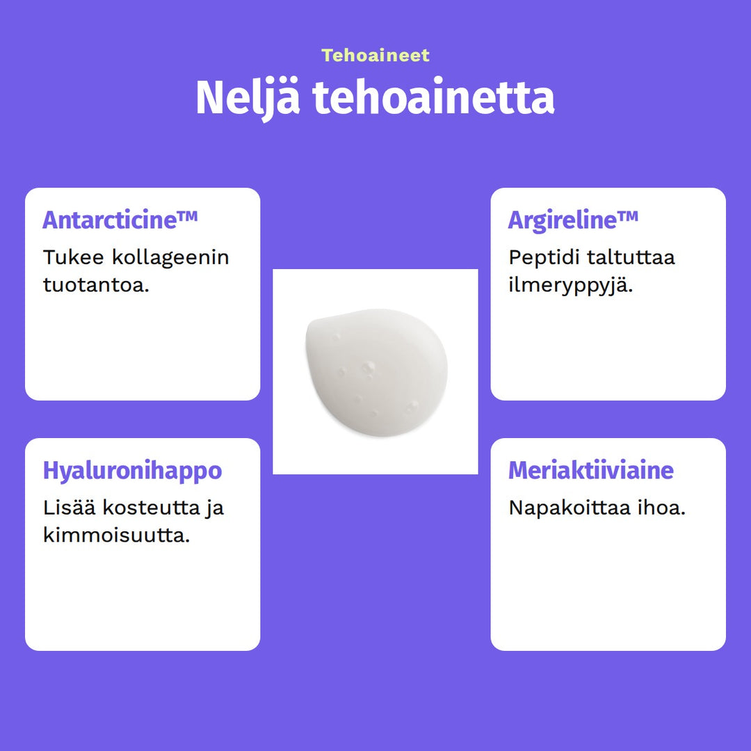 Evolve Organic Beauty Age Defying Lifting Serum 30ml. Tehoaineet: Neljä tehoainetta. Antarcticine™: Tukee kollageenin tuotantoa. Argireline™: Peptidi taltuttaa ilmeryppyjä. Hyaluronihappo: Lisää kosteutta ja kimmoisuutta. Meriaktiiviaine: Napakoittaa ihoa.