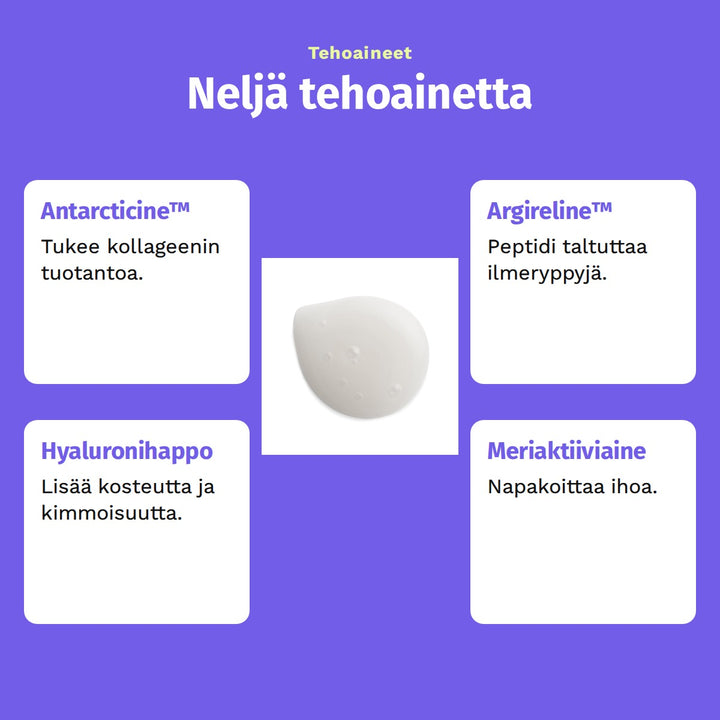 Evolve Organic Beauty Age Defying Lifting Serum 30ml. Tehoaineet: Neljä tehoainetta. Antarcticine™: Tukee kollageenin tuotantoa. Argireline™: Peptidi taltuttaa ilmeryppyjä. Hyaluronihappo: Lisää kosteutta ja kimmoisuutta. Meriaktiiviaine: Napakoittaa ihoa.