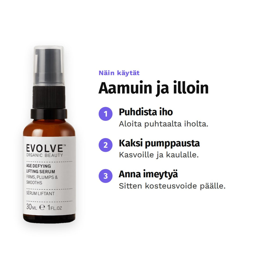 Evolve Age Defying Lifting Serum 30 ml, käyttö: 1. Puhdista iho: Aloita puhtaalta iholta. 2. Kaksi pumppausta: Kasvoille ja kaulalle. 3. Anna imeytyä: Sitten kosteusvoide päälle.