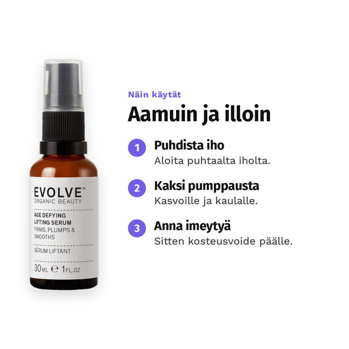 Evolve Age Defying Lifting Serum 30 ml, käyttö: 1. Puhdista iho: Aloita puhtaalta iholta. 2. Kaksi pumppausta: Kasvoille ja kaulalle. 3. Anna imeytyä: Sitten kosteusvoide päälle.