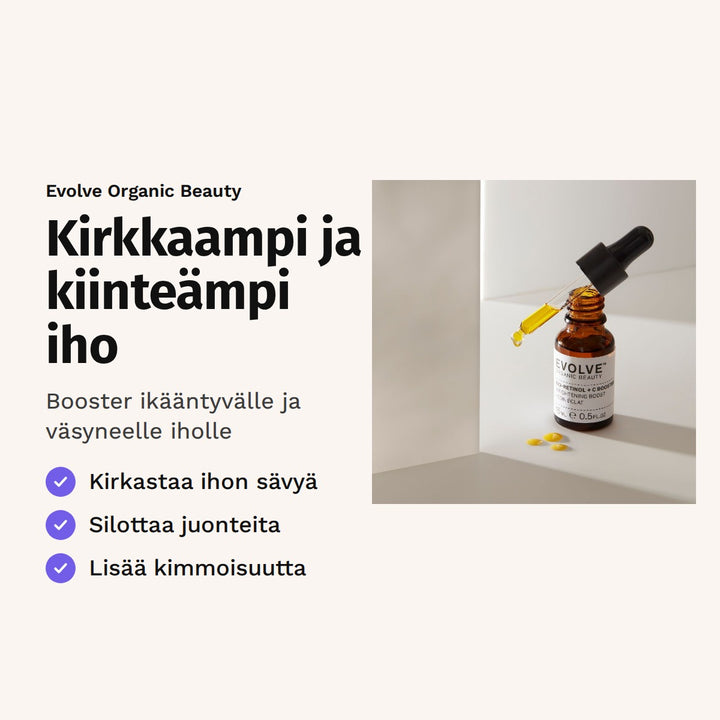 Evolve Bio-Retinol + C Booster 15 ml. Kirkkaampi ja kiinteämpi iho. Booster ikääntyvälle ja väsyneelle iholle.