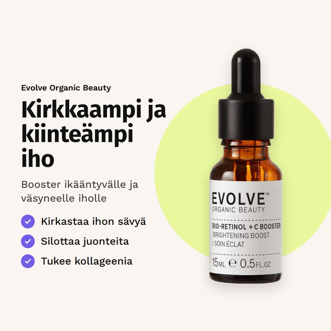 Evolve Organic Beauty Bio-Retinol + C Booster 15ml. Kirkkaampi ja kiinteämpi iho. Booster ikääntyvälle ja väsyneelle iholle. Kirkastaa ihon sävyä. Silottaa juonteita. Tukee kollageenia.